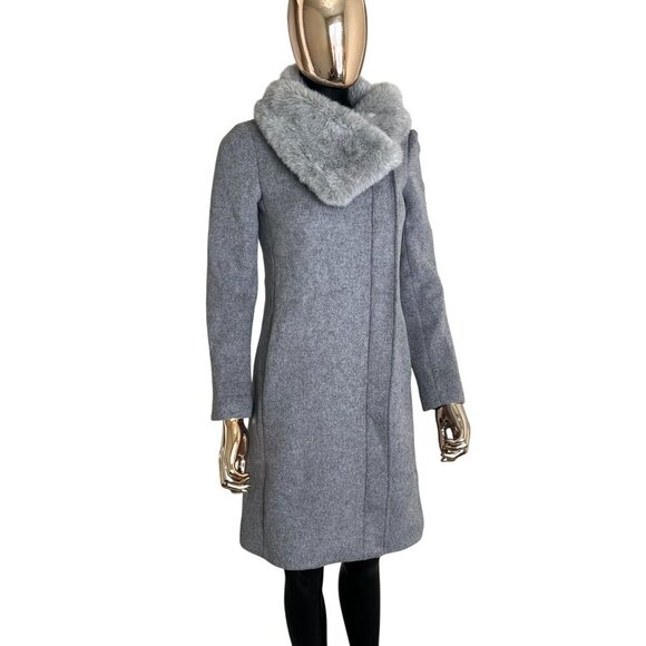 Club Monaco Evangah Wool Coat In Light Charcoal Gray Size XS/TP Faux Fur Collar - Picture 7 of 13